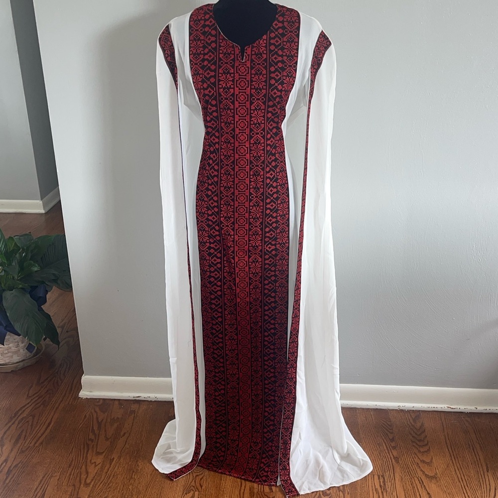 Red Black Embroidered Maxi Kaftan Dress with White Cape Overlay Size M - Picture 3 of 7
